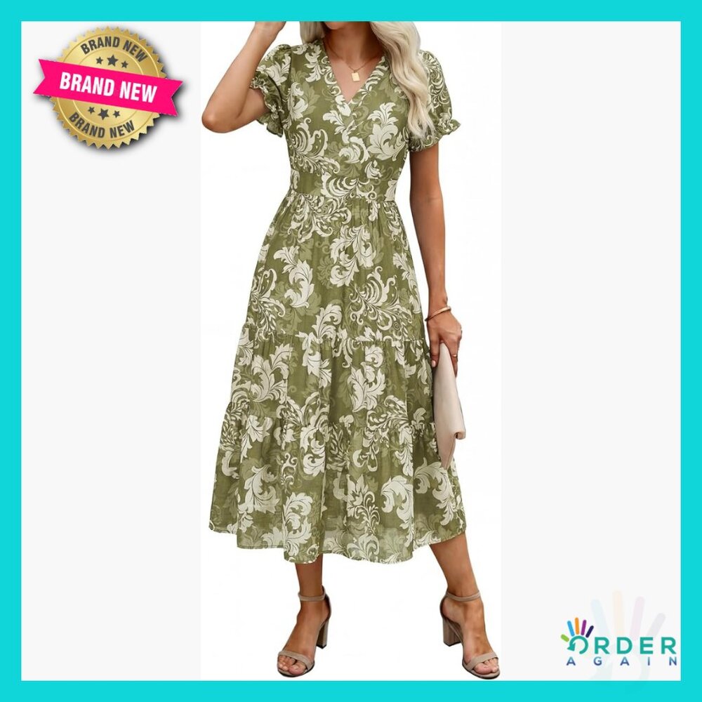 Boho Flowy Midi Dress V Neck Puffy Sleeves Casual Summer Vacation with Pockets